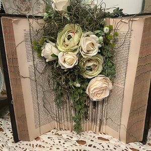 Floral Book Decor with Cream and Green Accents